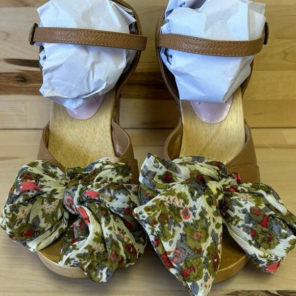 Wooden Ankle Strap Heels Floral Fabric Bow Rivets W8 - Picture 5 of 9